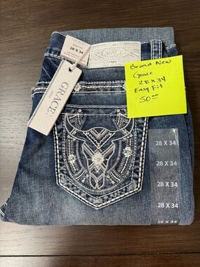 Grace in LA Dark Blue Embroidered Pocket Jeans